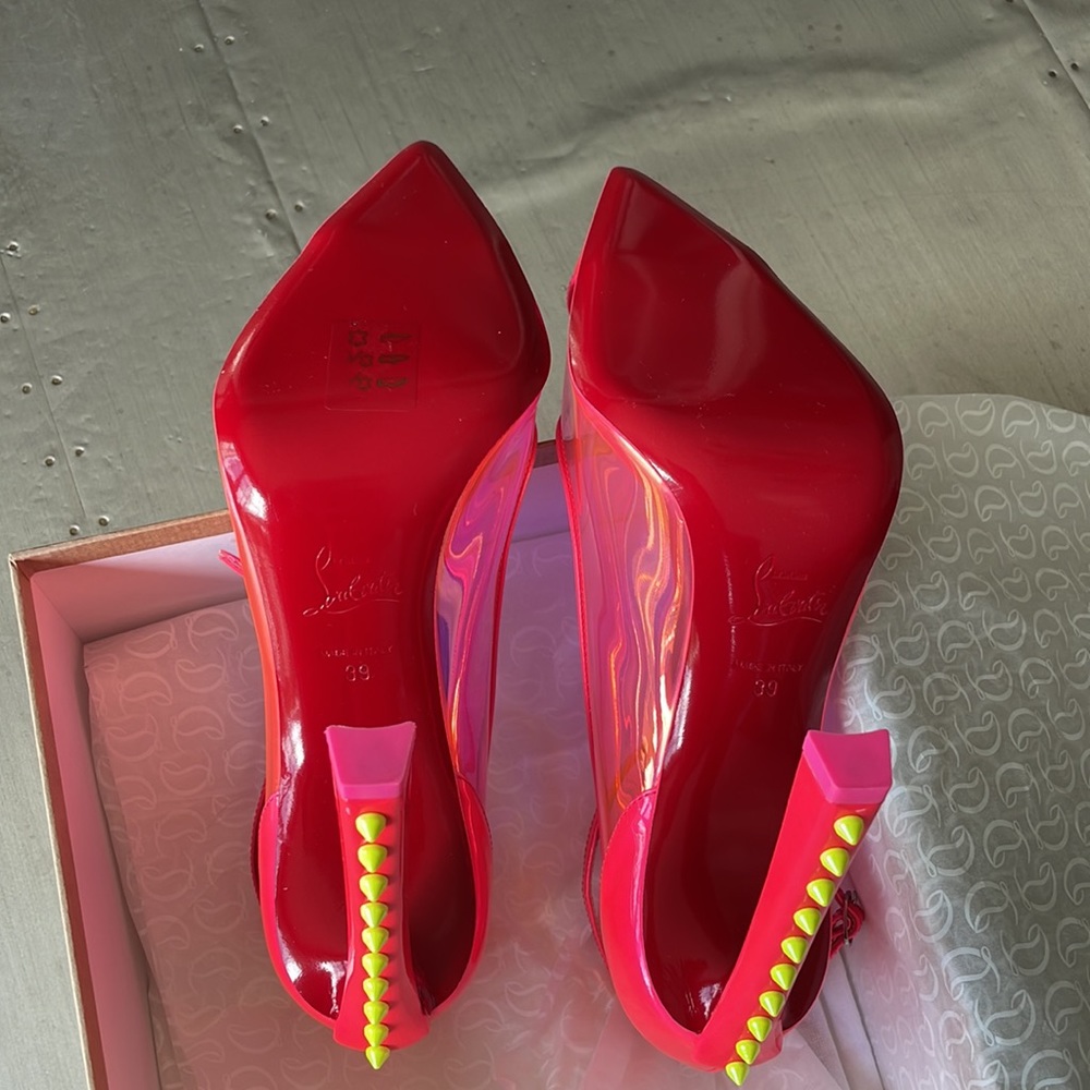 Christian Louboutin debout condorapik pink fluo neon yellow spike pump sz 39 - Picture 10 of 14